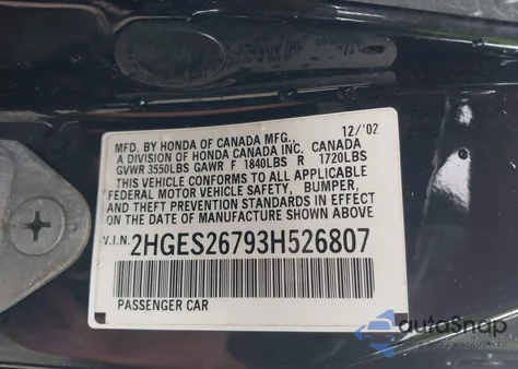 2003 Honda Civic Ex from USA, damaged, VIN 2HGES26793H526807